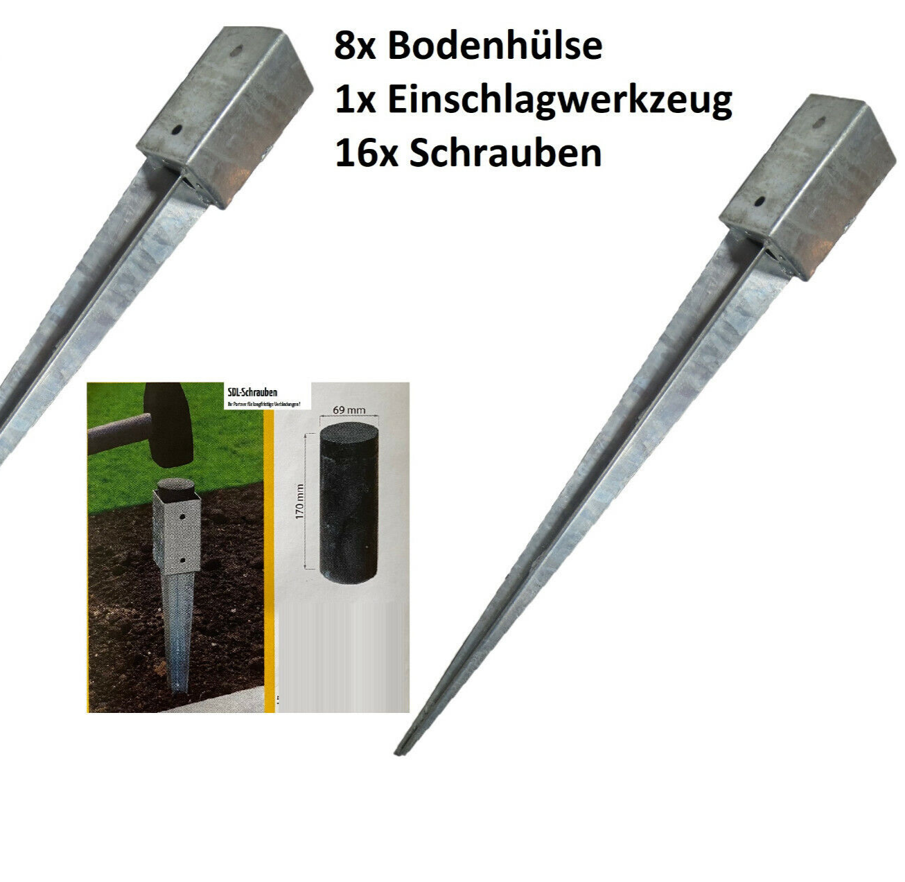 SET 8x Bodenhülsen 71x71x750 Erdanker Einschlagbodenhülse inkl Einschlagwerkzeug