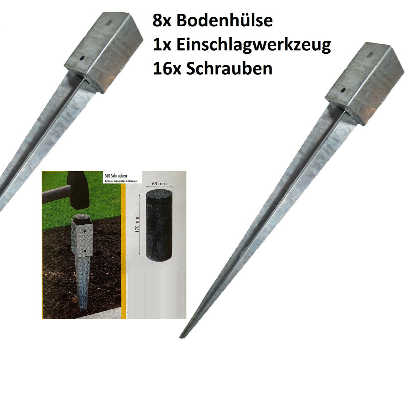 SET 8x Bodenhülsen 91x91x750 Erdanker Einschlagbodenhülse inkl Einschlagwerkzeug